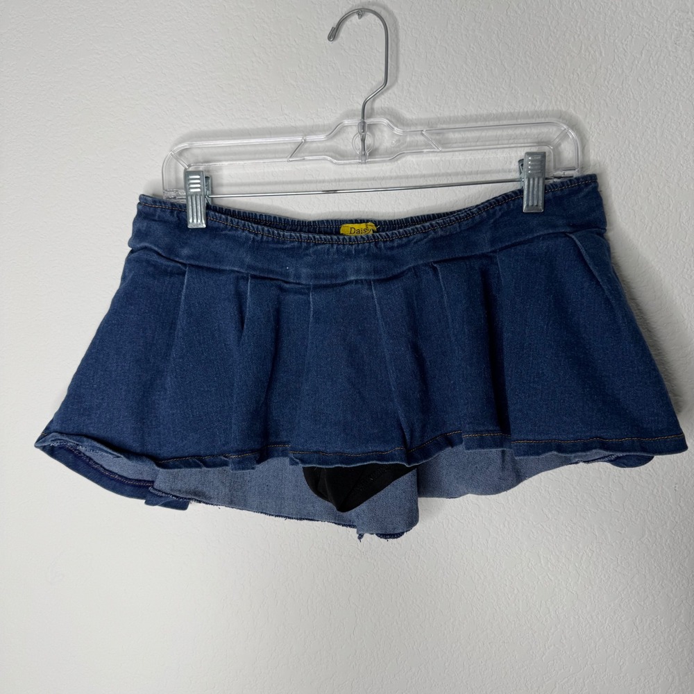 Daisy Blue Denim Pleated Micro Mini Skort Womens L Y2K Medium Wash Elastic Waist